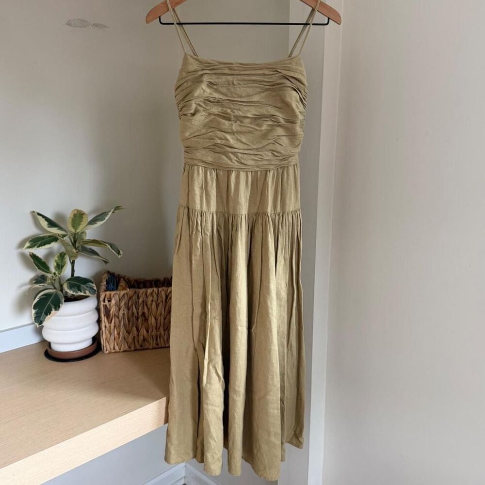 Toccin X RTR Designer Linen Ruched Tie Midi Dress size 6 EUC $595 Retail